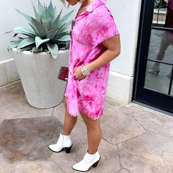 Neon Pink Tie Dyed Frayed Oxford Tunic - Large - Picture 3 of 4